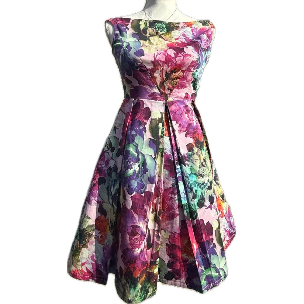 Dress Off-Shoulder Boat-Neck Graphic Floral Swing Waist US 0 Girls Size 14 Derby